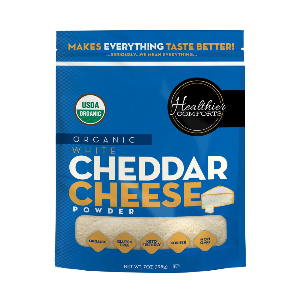 Healthier Comforts Organic White Cheddar Powder in resealable bag for long-term storage