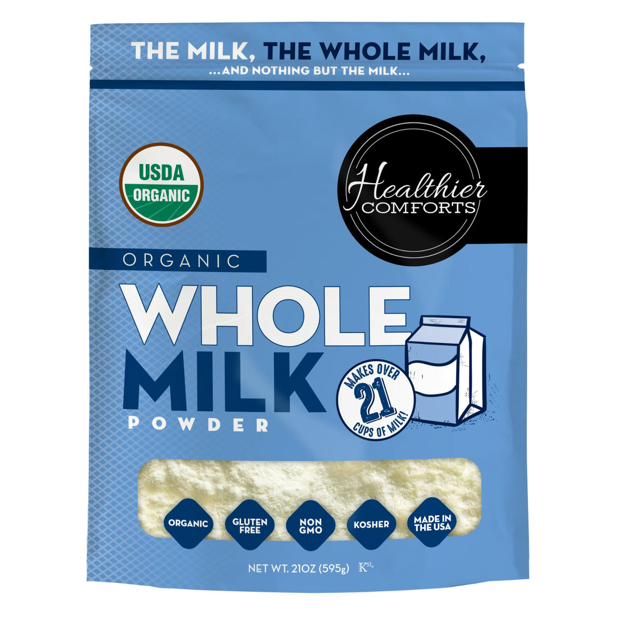 Healthier Comforts Organic Milk Powder resealable bag close-up showing freshness