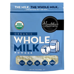 Healthier Comforts Organic Whole Milk Powder in resealable bag, pantry-ready milk option.