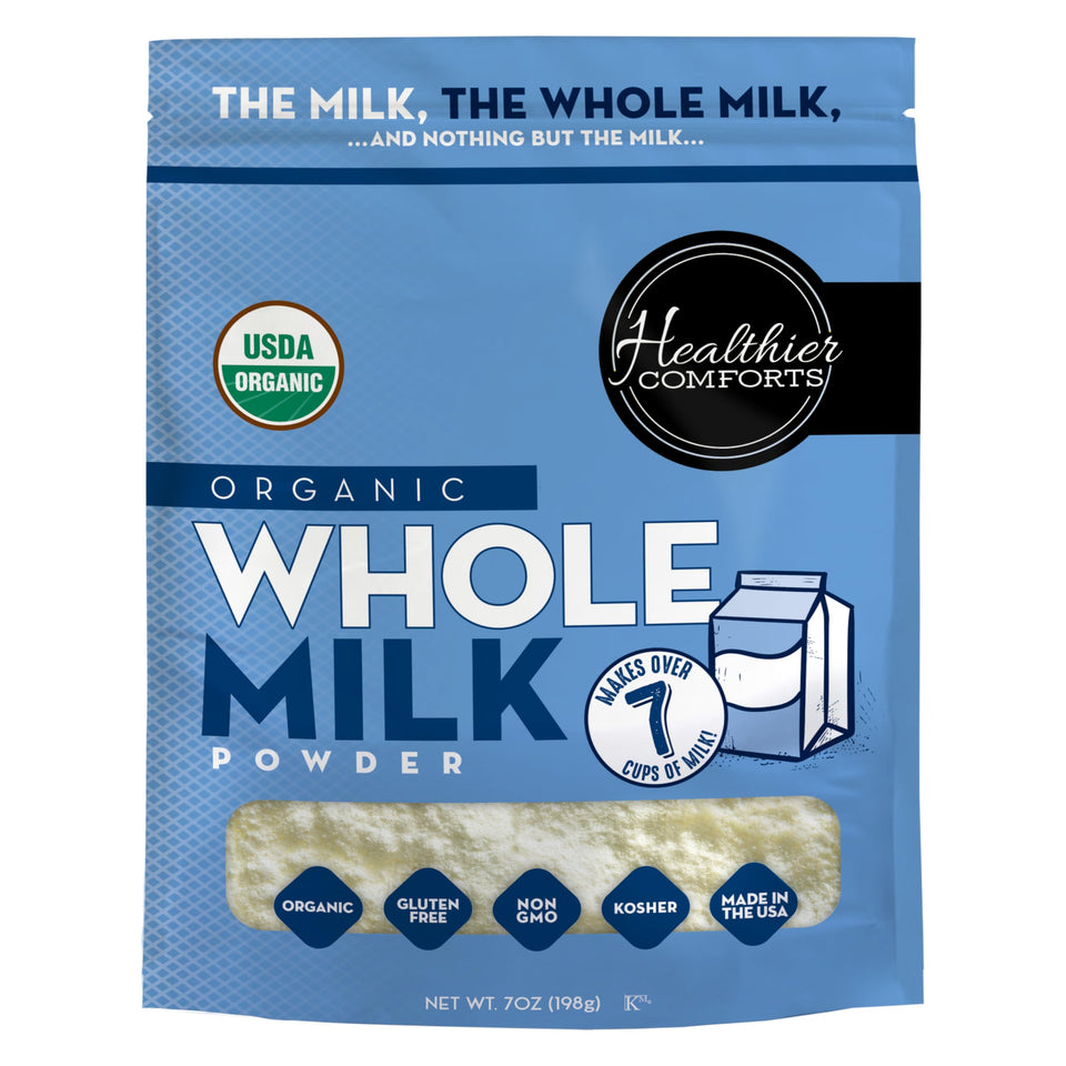 Healthier Comforts Organic Whole Milk Powder in resealable bag, pantry-ready milk option.