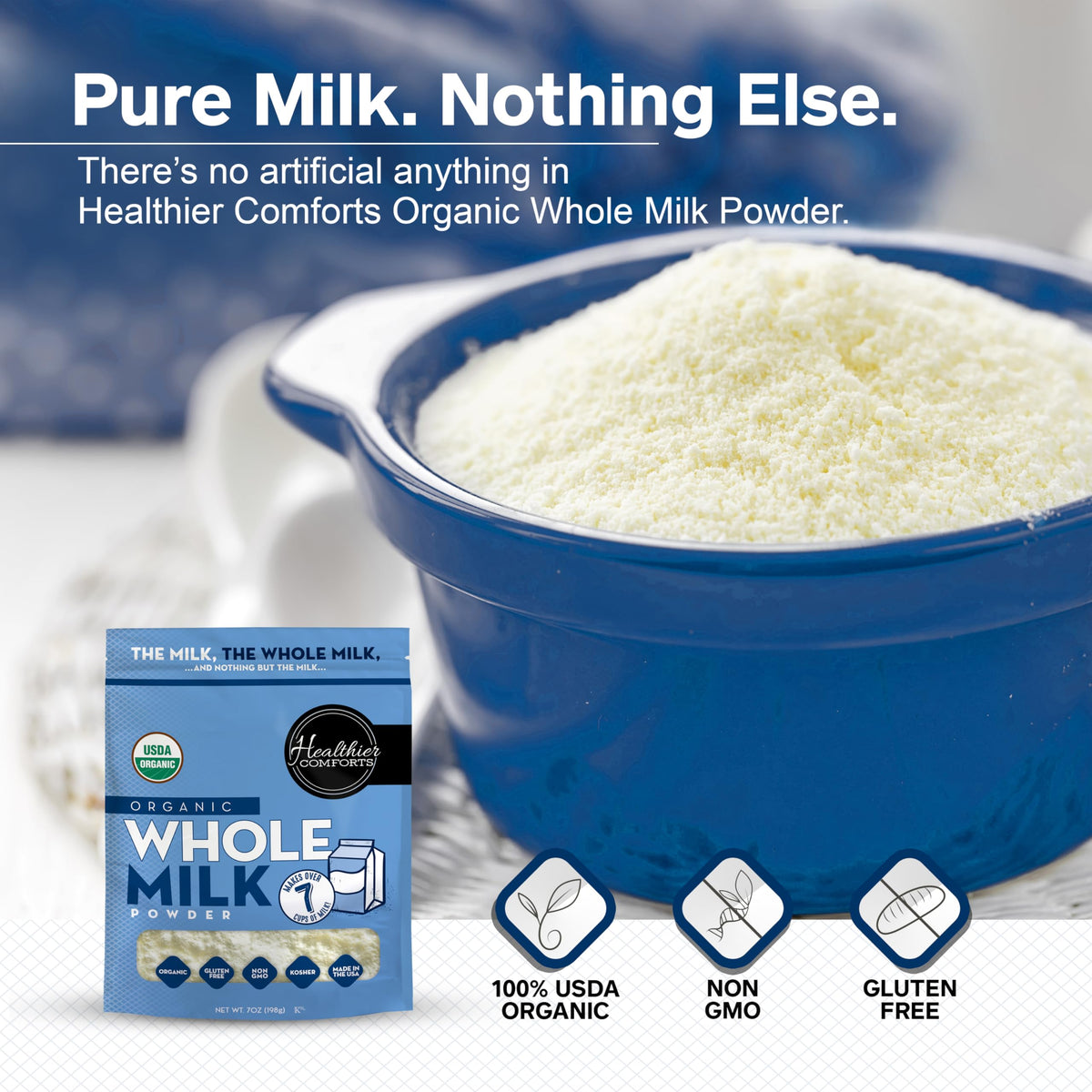Pouring Healthier Comforts milk powder to create creamy milk quickly.