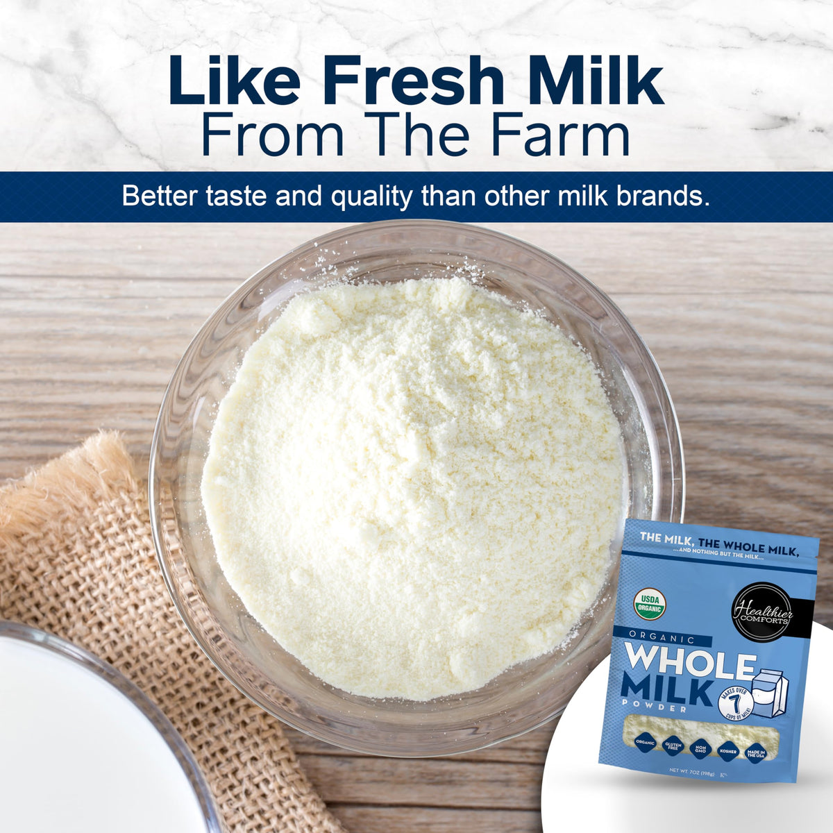 Measuring scoop with Healthier Comforts powder for recipes and coffee portions.