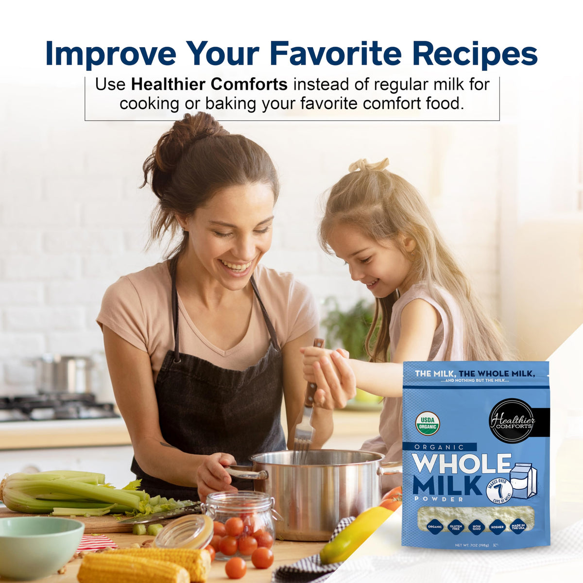 Shelf-stable Healthier Comforts powder reduces last-minute store trips.