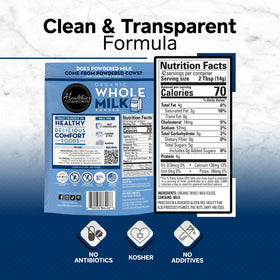 Healthier Comforts Organic Milk Powder being poured into a glass for quick drinks
