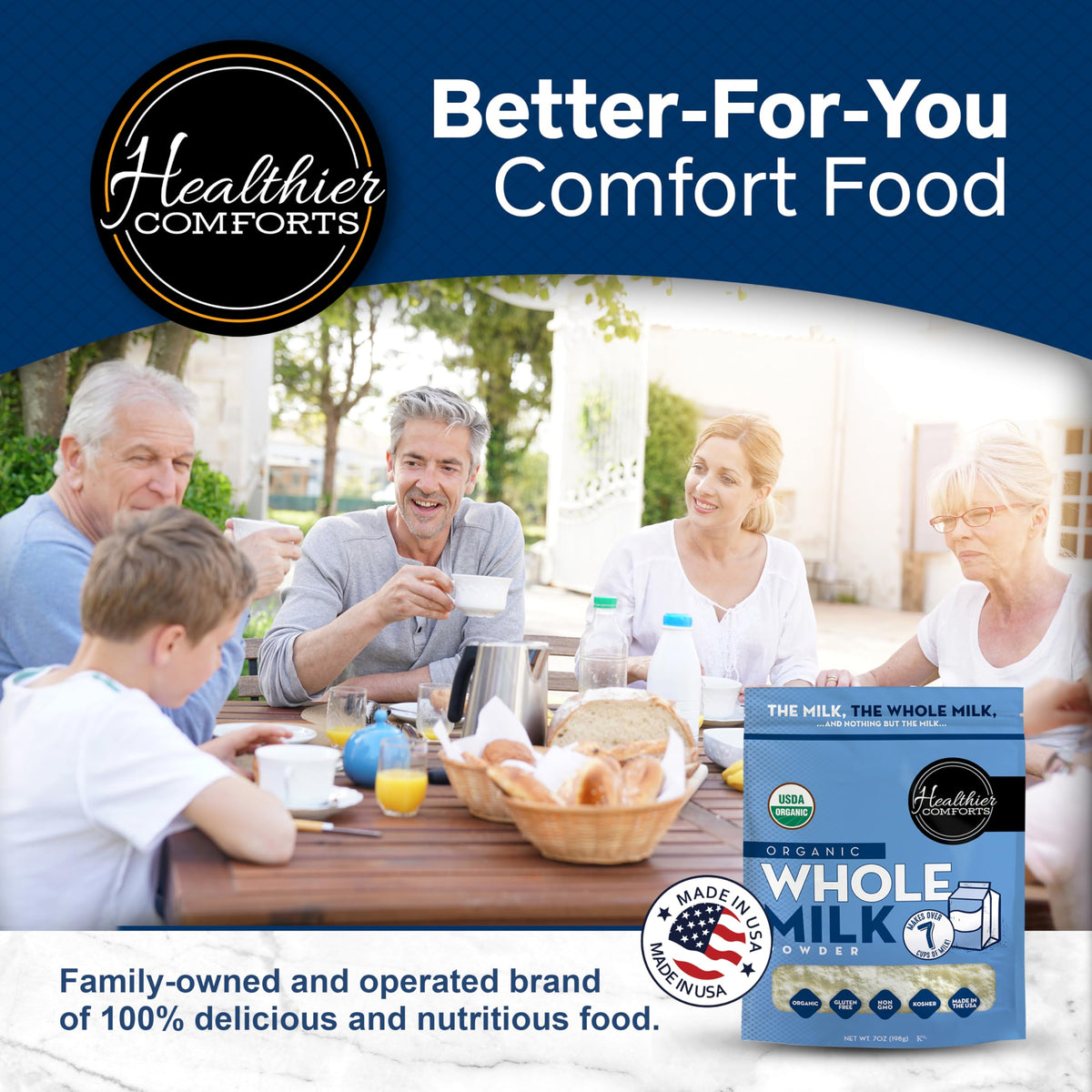 Resealable bag keeps Healthier Comforts powder fresh for daily use.