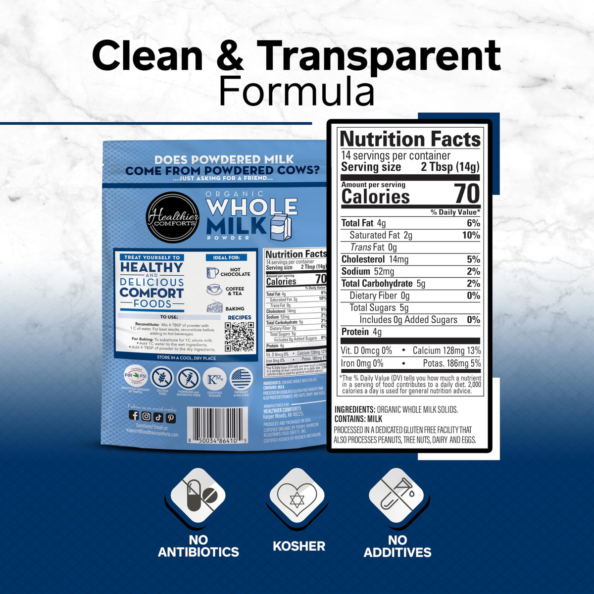 USDA Organic Healthier Comforts label emphasizes clean ingredients.