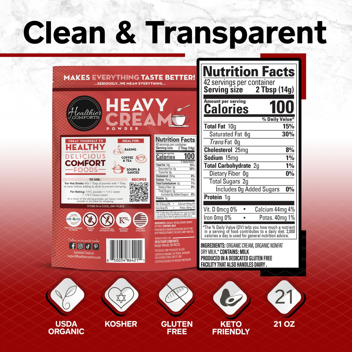 Healthier Comforts powder scoop beside measuring cup for precise addition.