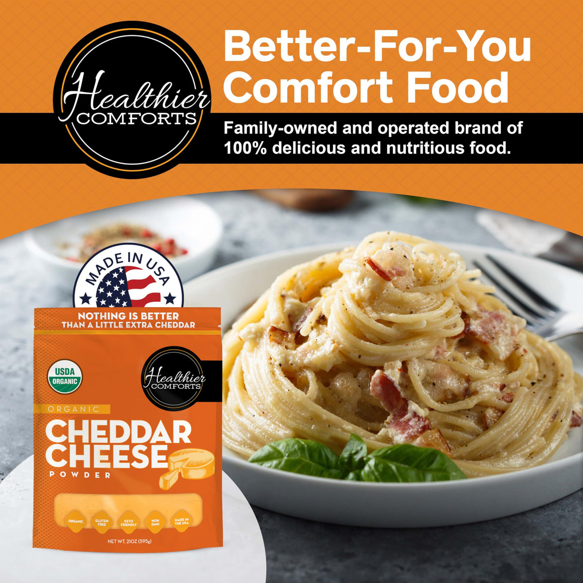 Healthier Comforts shelf-stable cheddar powder in pantry setup