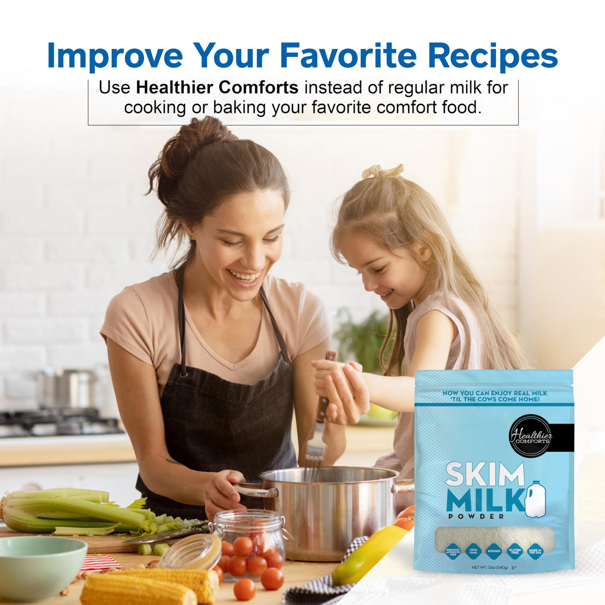 Healthier Comforts skim milk powder used as coffee creamer for a smooth cup.