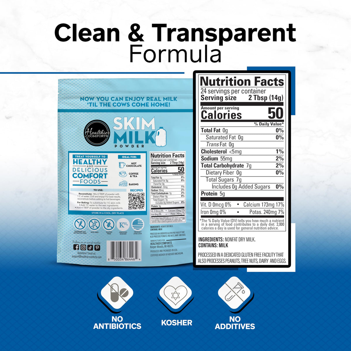 Healthier Comforts skim milk powder nutrition label showing calcium and protein content.