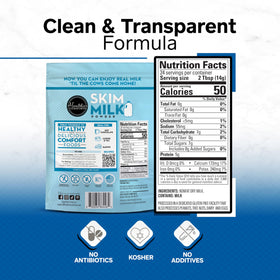 Healthier Comforts skim milk powder nutrition label showing calcium and protein content.