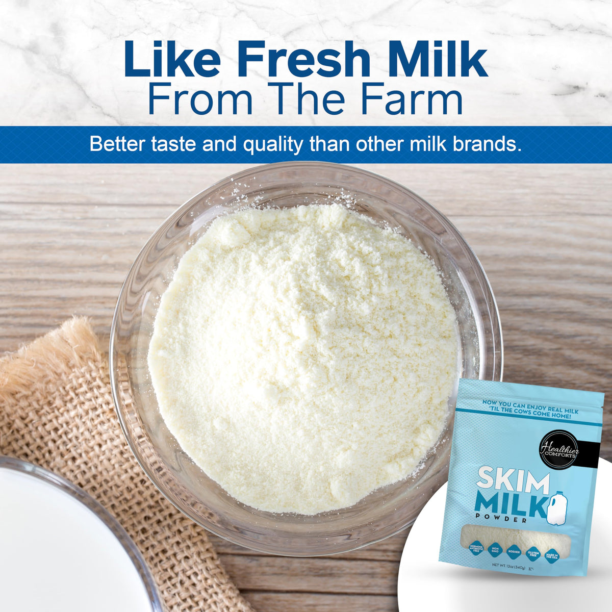 Healthier Comforts skim milk powder scoop and canister for precise measurements in recipes.