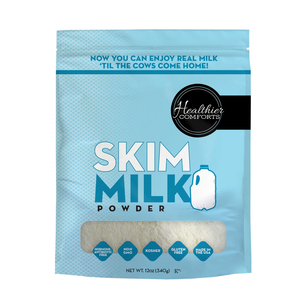 Healthier Comforts skim milk powder packaging with resealable bag for long shelf life.