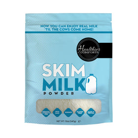 Healthier Comforts skim milk powder packaging with resealable bag for long shelf life.