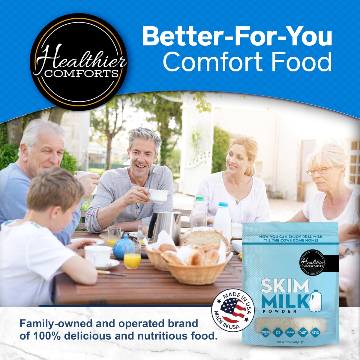 Healthier Comforts skim milk powder stored on a pantry shelf for easy access.