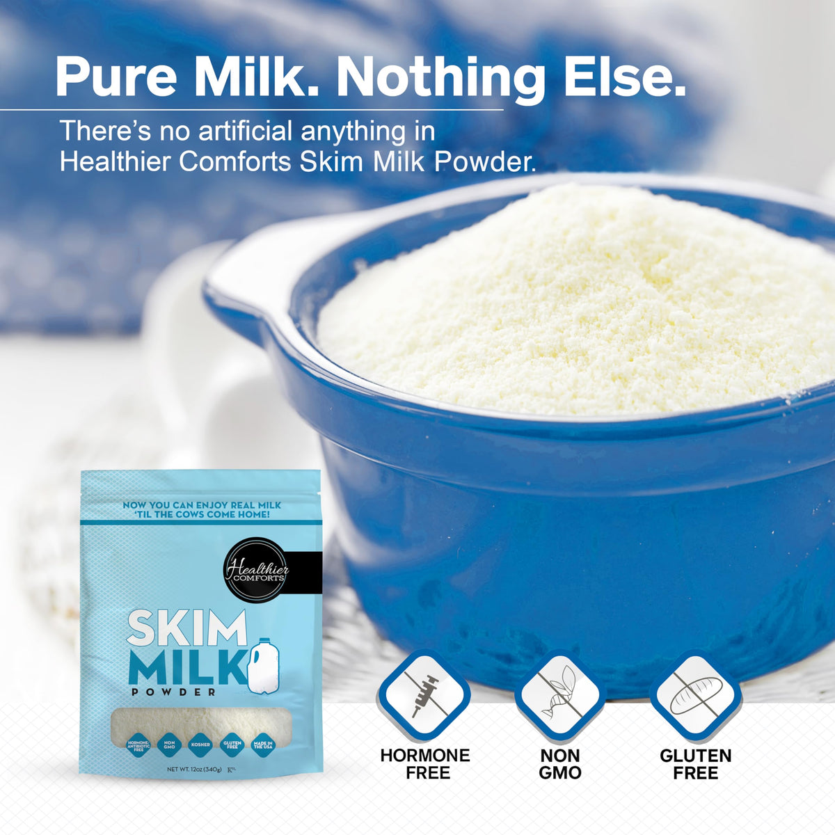 Healthier Comforts skim milk powder being poured into a glass for quick rehydration.