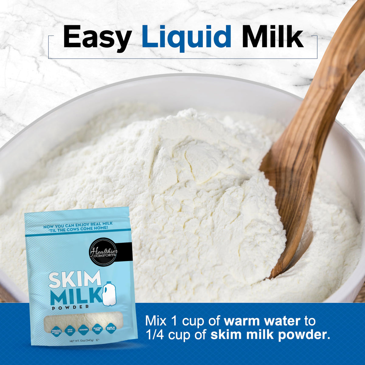 Healthier Comforts skim milk powder added to smoothies for protein and creaminess.