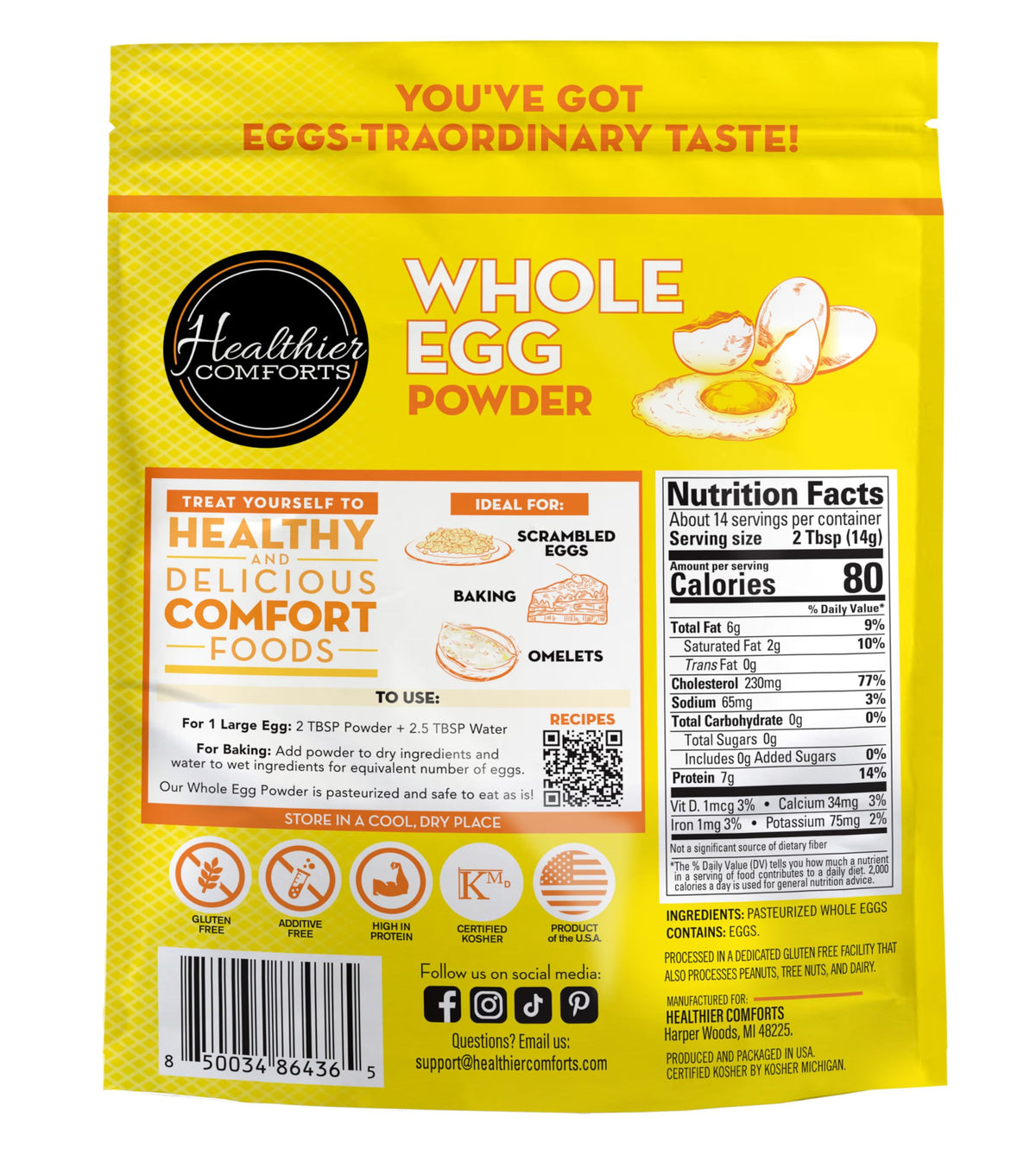Healthier Comforts Whole Egg Powder made in USA ensures quality control.