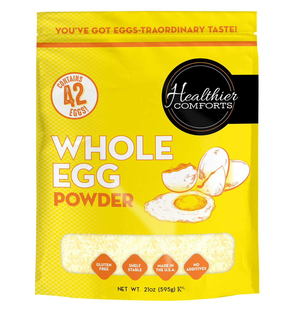 Healthier Comforts whole egg powder packaging displayed on pantry shelf for storage