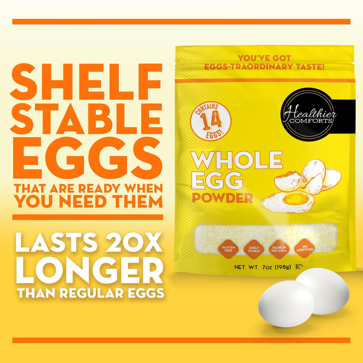 Healthier Comforts Whole Egg Powder stored in pantry for long shelf life.