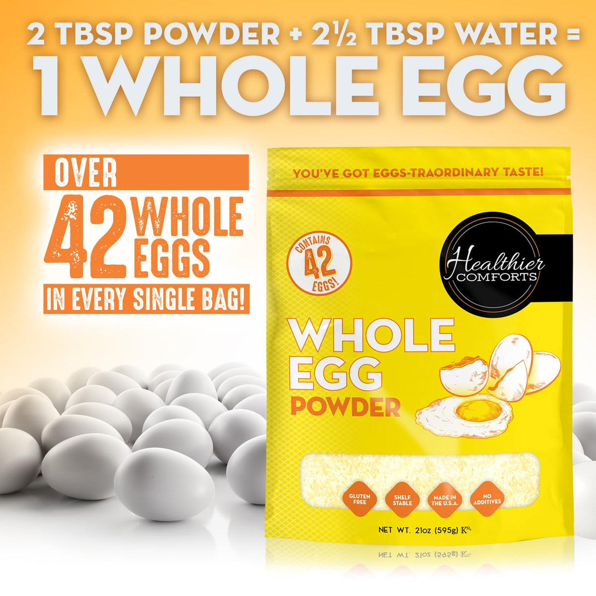 Pantry-stable Healthier Comforts egg powder in a sealed jar