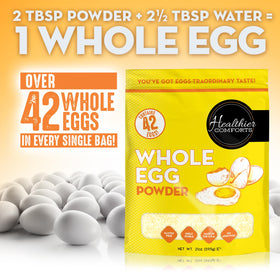 Pantry-stable Healthier Comforts egg powder in a sealed jar