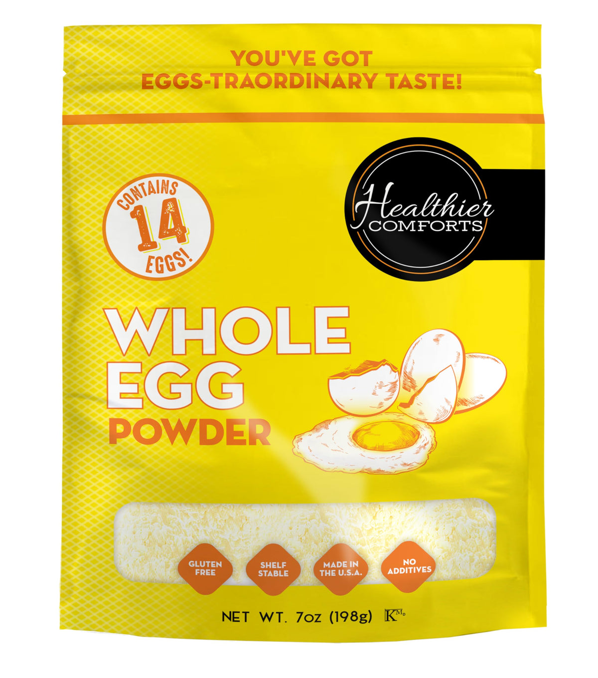 Healthier Comforts Whole Egg Powder tub front shows gluten-free, ready-to-use product.
