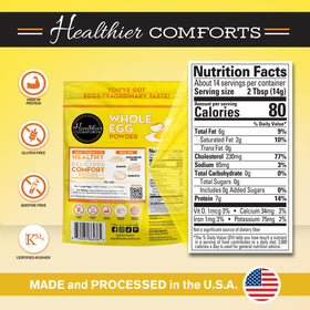 Healthier Comforts Whole Egg Powder tub label highlights pasteurized, single-ingredient eggs.