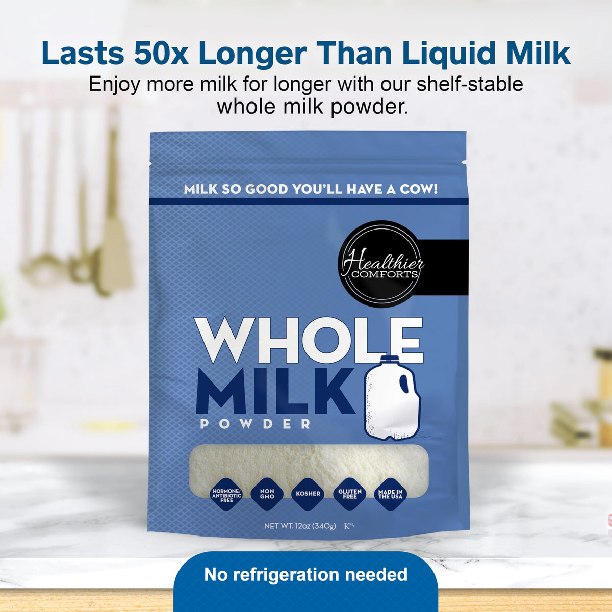 Healthier Comforts Whole Milk Powder coffee creamer bottle with creamy aroma.