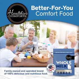 Healthier Comforts Whole Milk Powder USA-made stamp indicating quality.