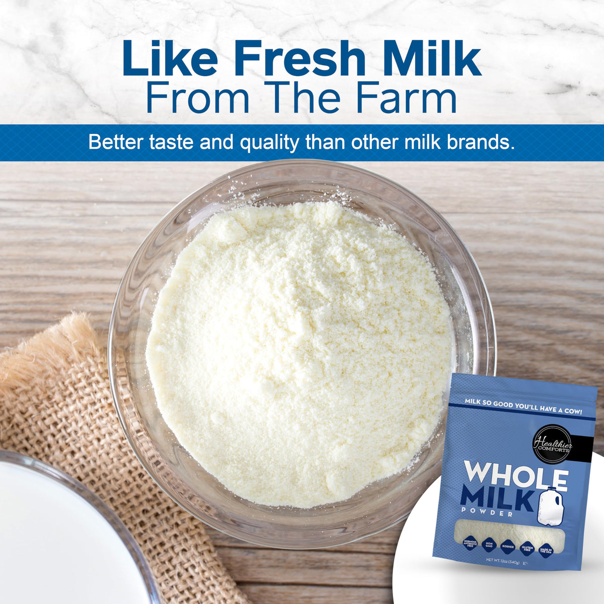 Healthier Comforts Whole Milk Powder milk reconstitution shows creamy texture for smoothies.