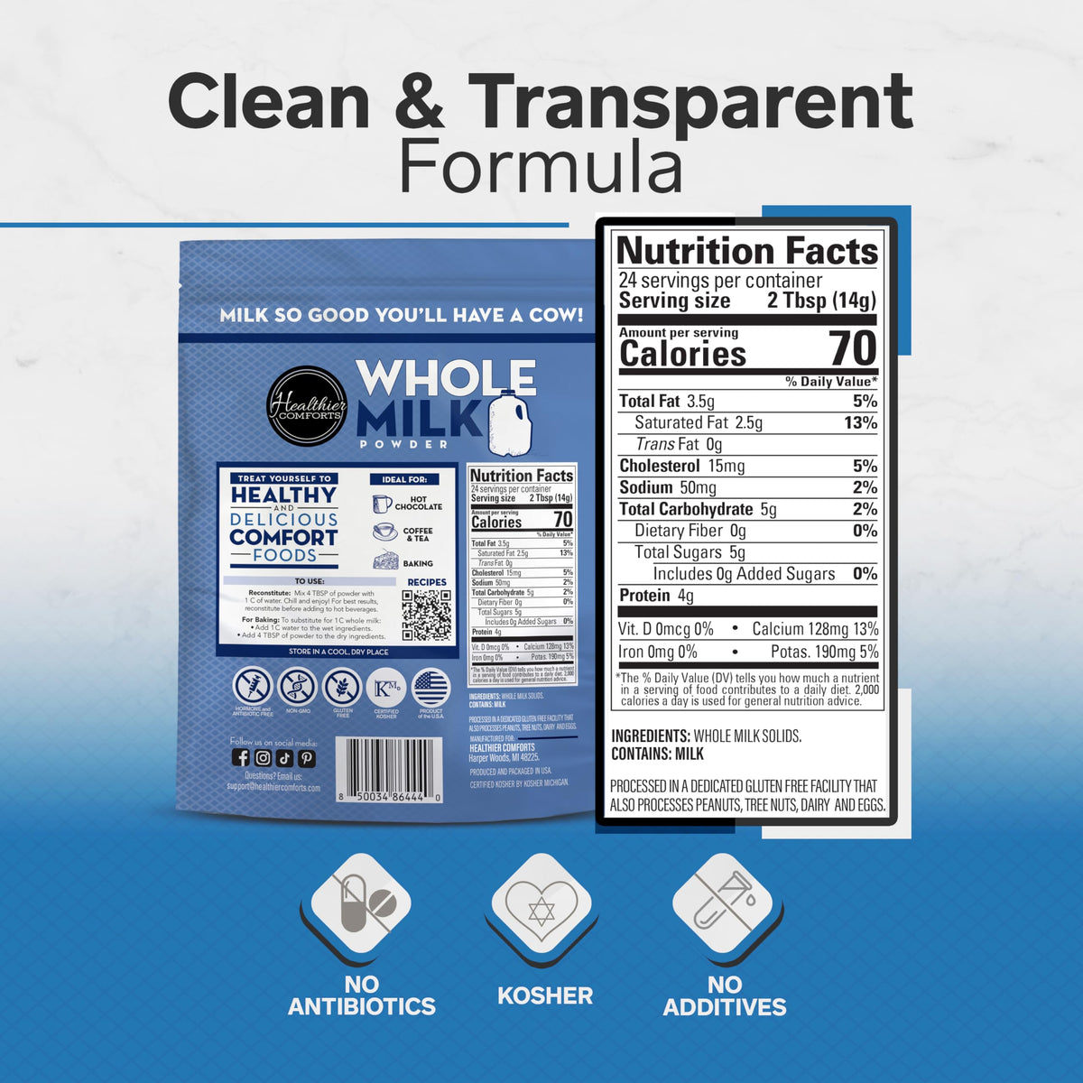 Healthier Comforts Whole Milk Powder nutrition label close-up showing calcium and protein.
