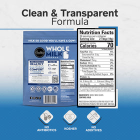 Healthier Comforts Whole Milk Powder nutrition label close-up showing calcium and protein.