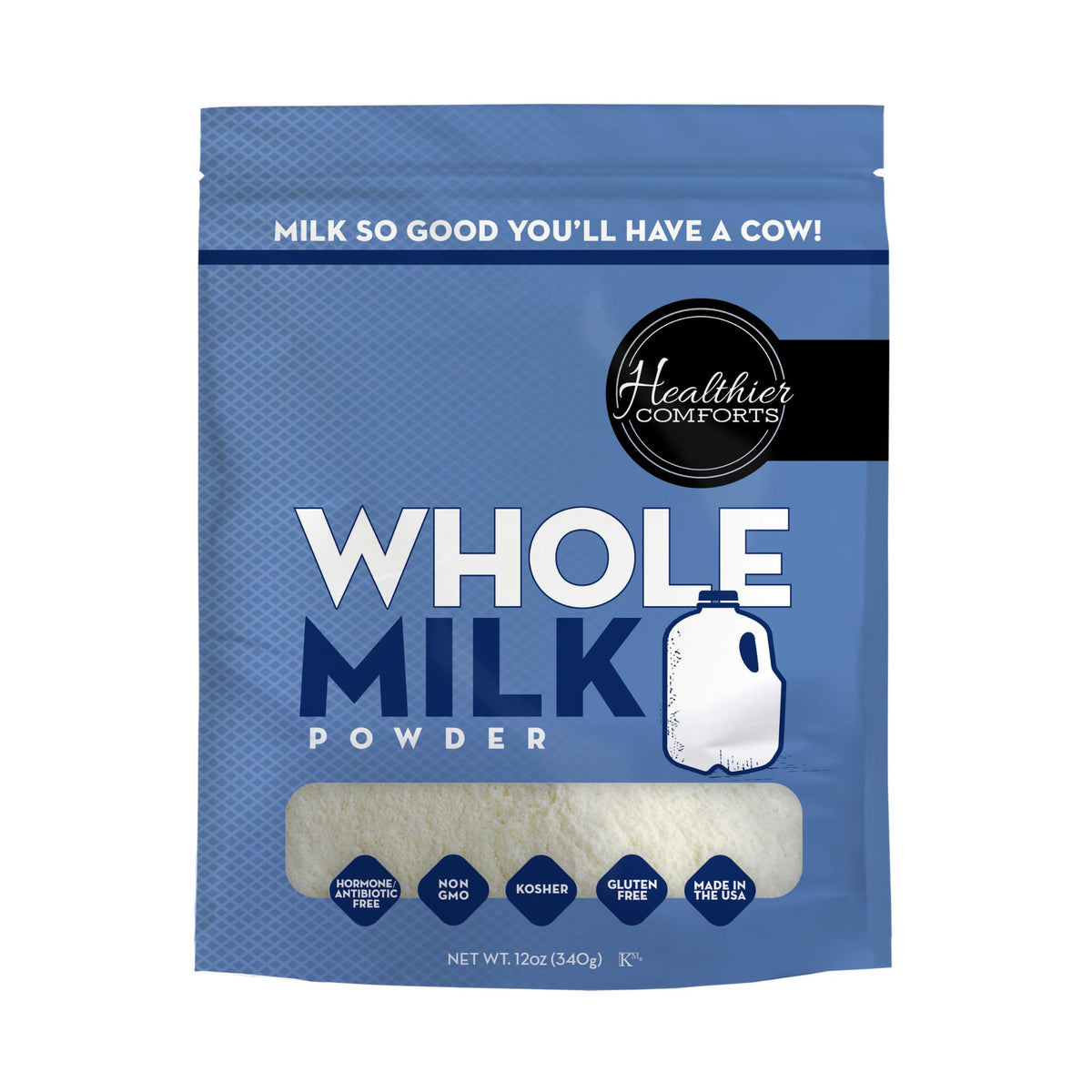Healthier Comforts Whole Milk Powder packaging shows resealable bag for easy storage.