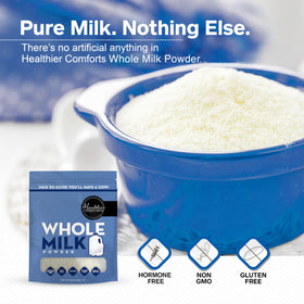 Healthier Comforts Whole Milk Powder scoop pour highlights quick measurement and mixing.