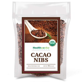 Healthworks Organic Cacao Nibs in a bowl for snacks and antioxidants.