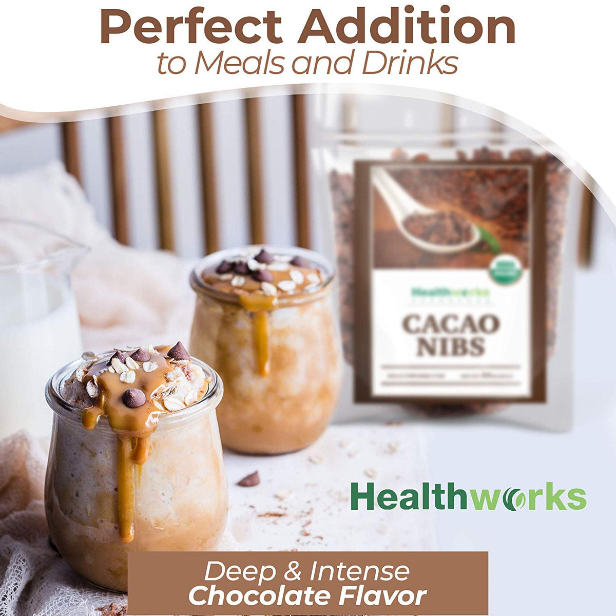 Healthworks Cacao Nibs with coffee for a chocolatey energy lift.
