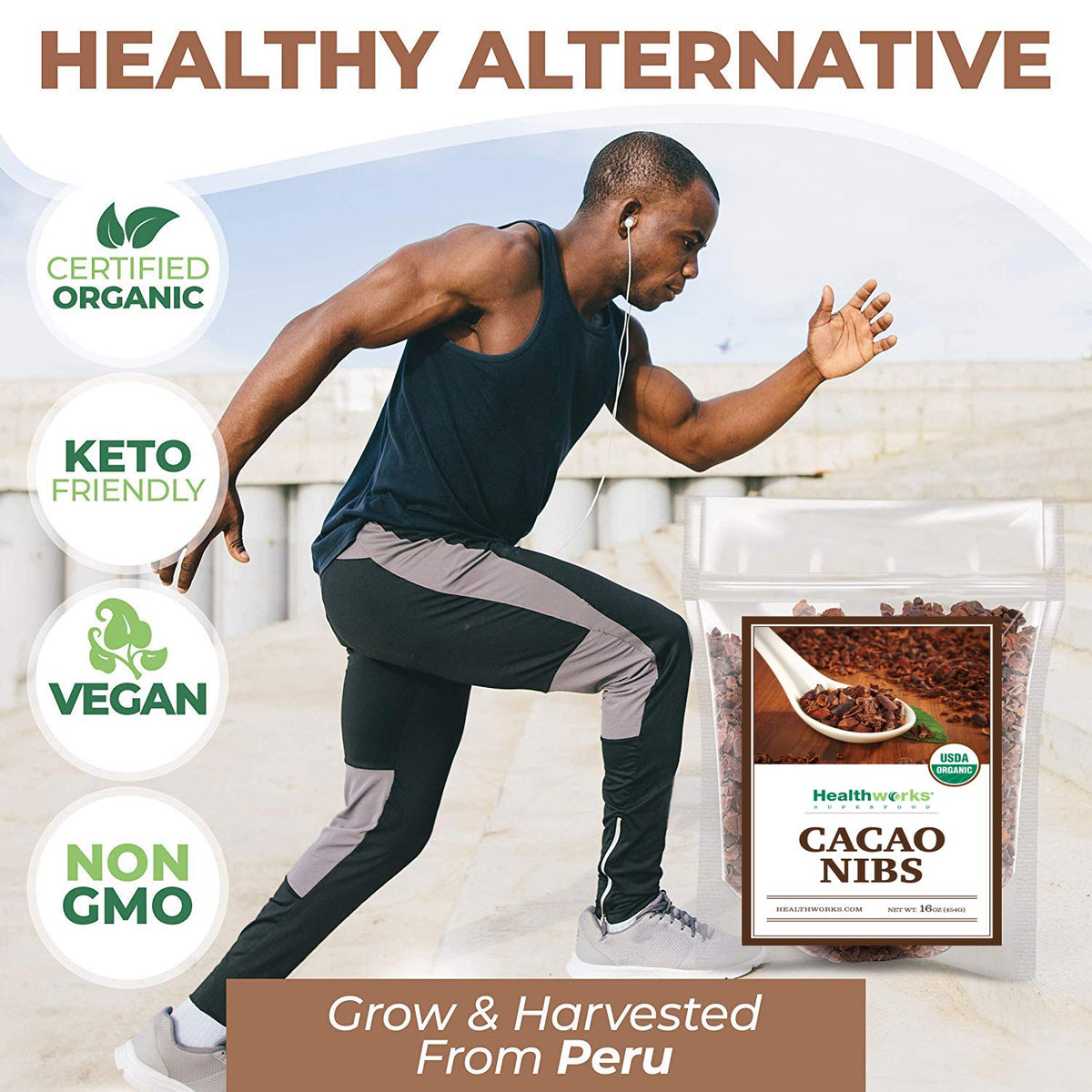 Healthworks Cacao Nibs granola topping adds fiber and crunch.