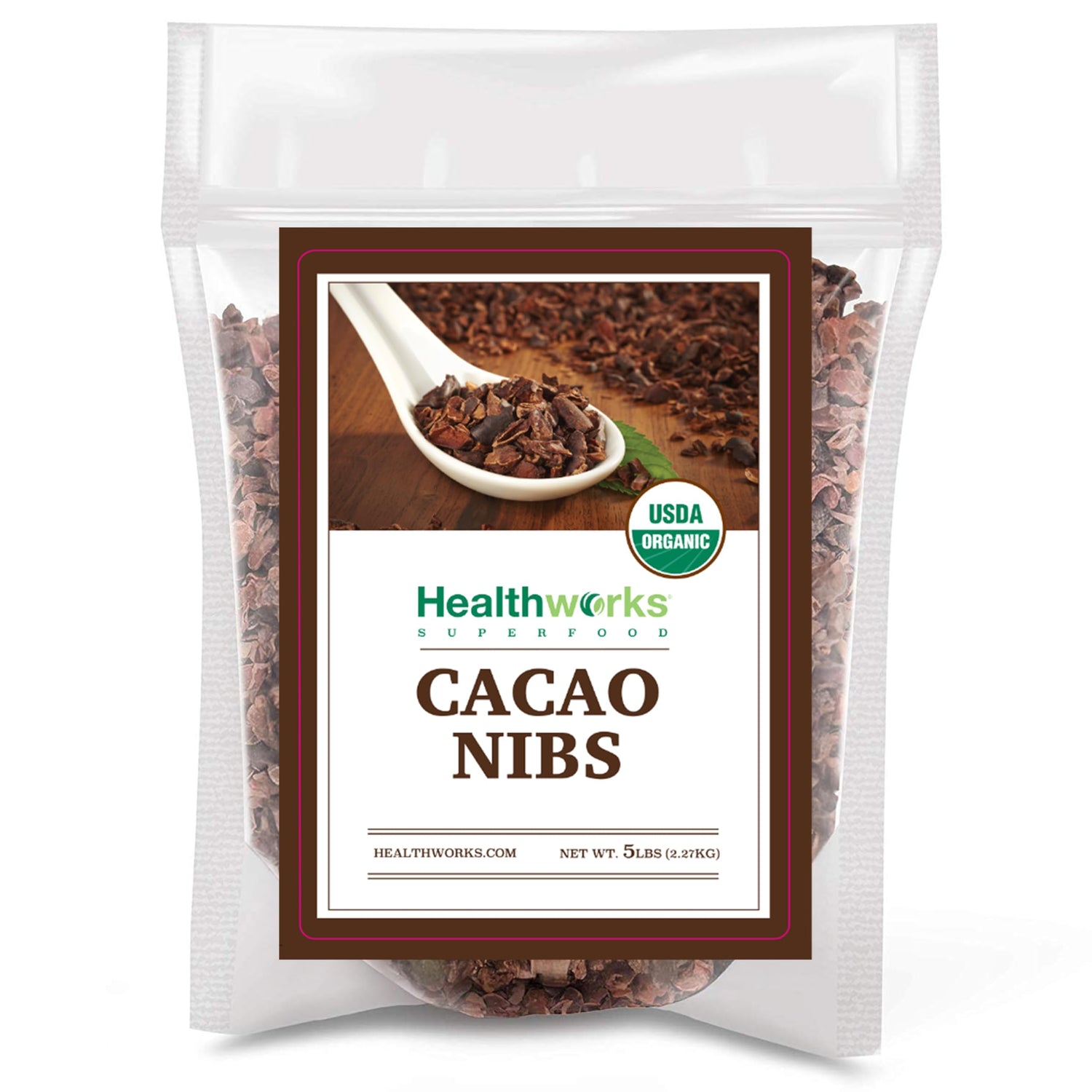 Healthworks Cacao Nibs Organic jar close-up, showcasing rich cacao flavor for snacking.