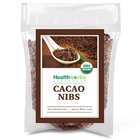 Healthworks Cacao Nibs Organic jar close-up, showcasing rich cacao flavor for snacking.