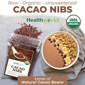 Healthworks Cacao Nibs pack shown for pantry storage and convenient snacking.