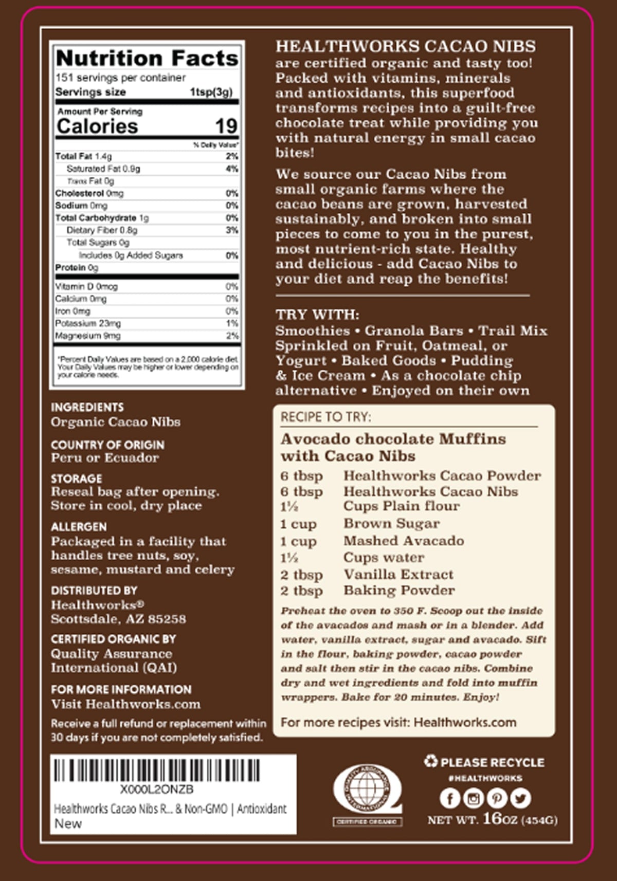 Healthworks Cacao Nibs with scoop for baking, smoothies, or yogurt as a low-sugar option.