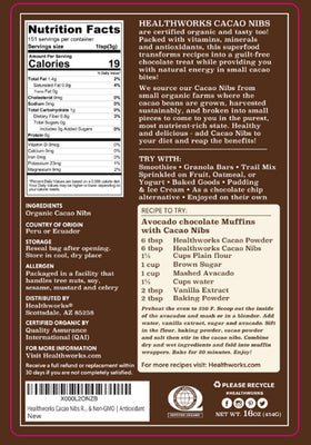 Healthworks Cacao Nibs with scoop for baking, smoothies, or yogurt as a low-sugar option.