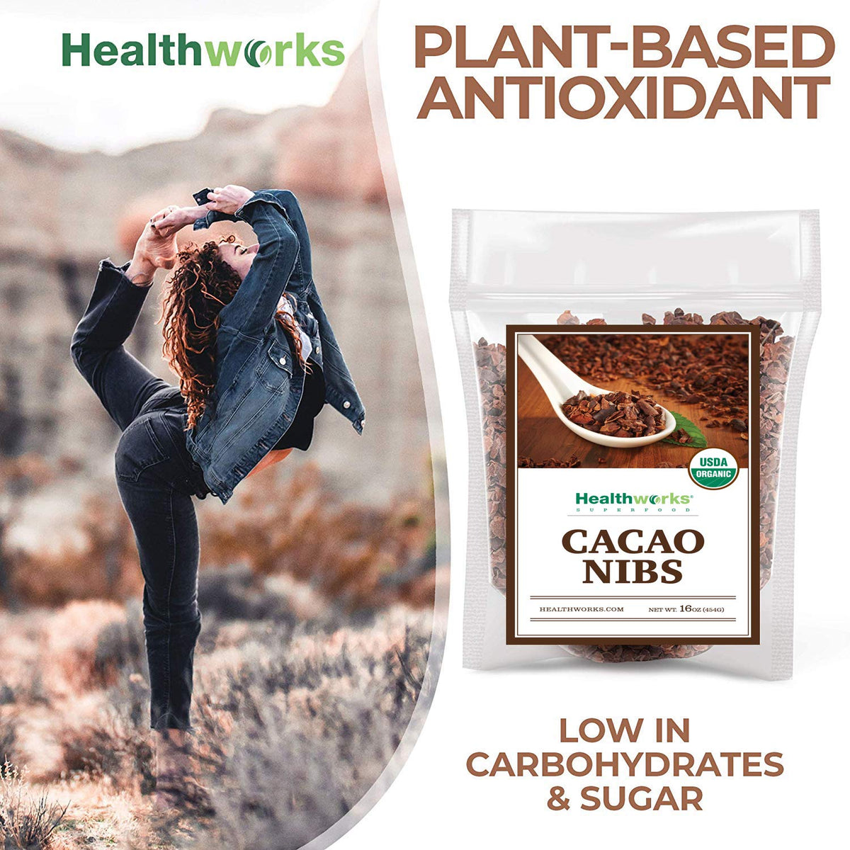 Healthworks Cacao Nibs smoothie setup for rich flavor and energy.