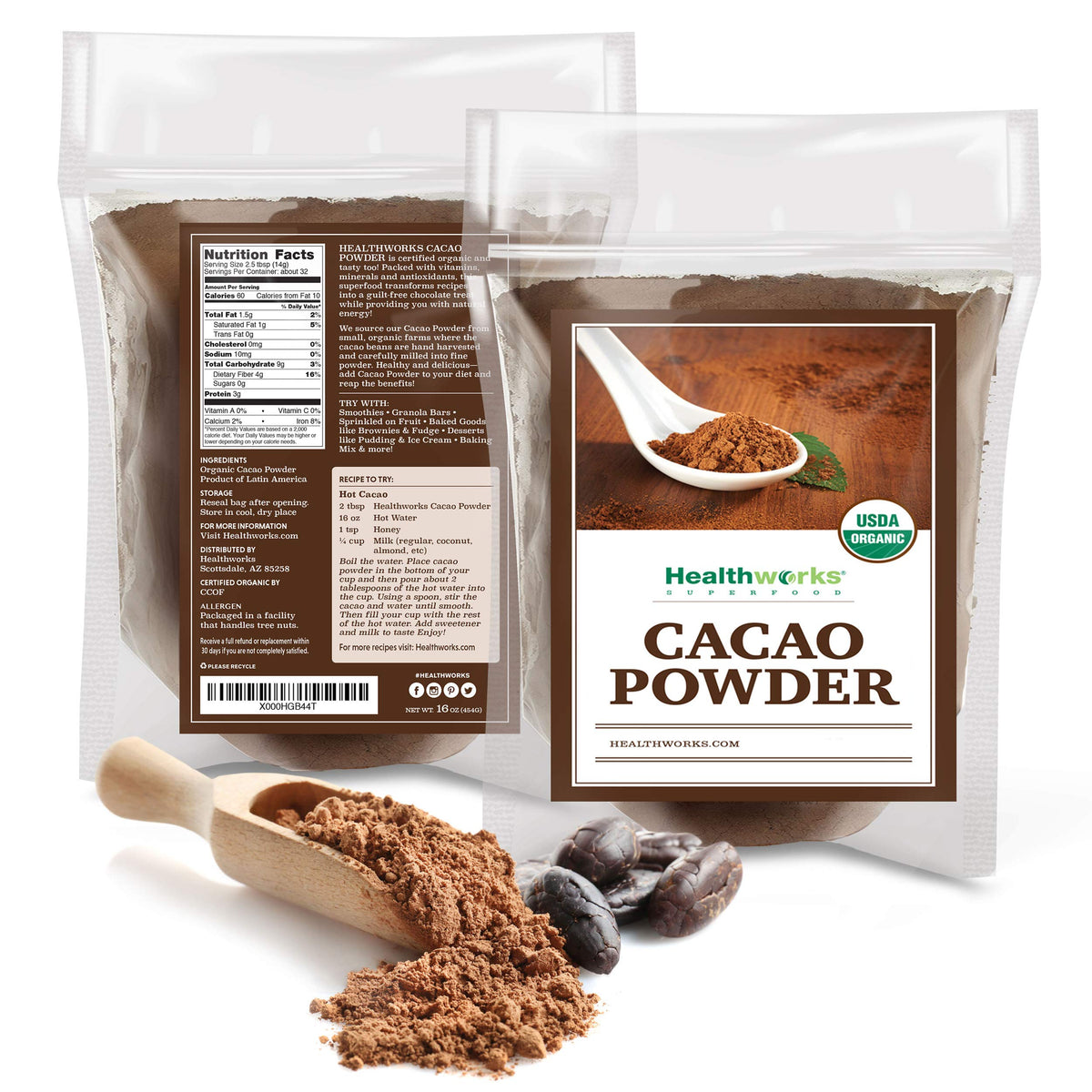 Healthworks cacao powder added to yogurt or oats for flavor