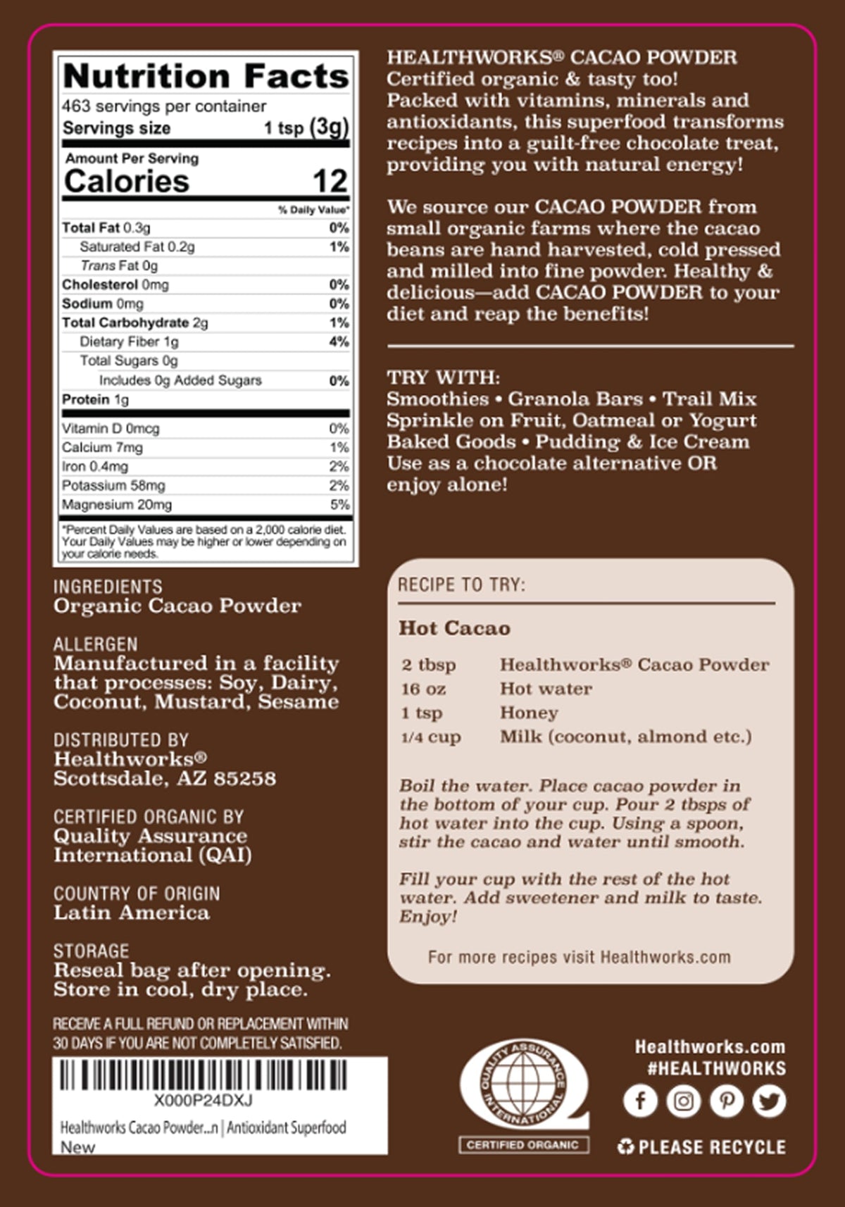 Healthworks cacao powder jar with scoop, perfect for smoothies and energy-boosting drinks.