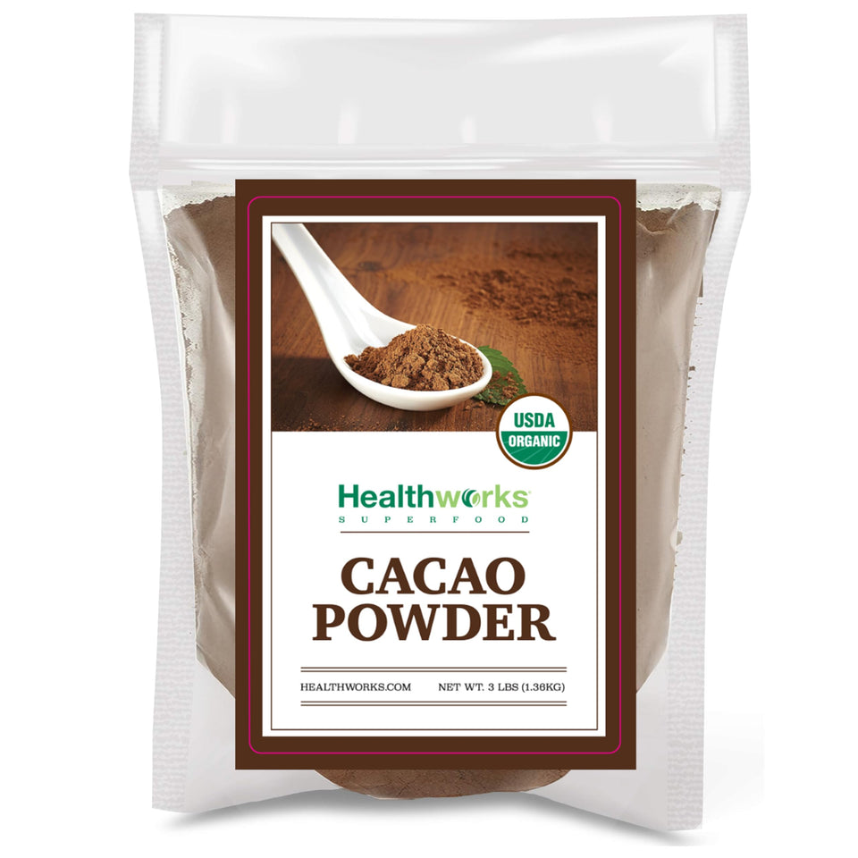 Healthworks Organic Cacao Powder in a Peruvian bag, ideal for organic baking.