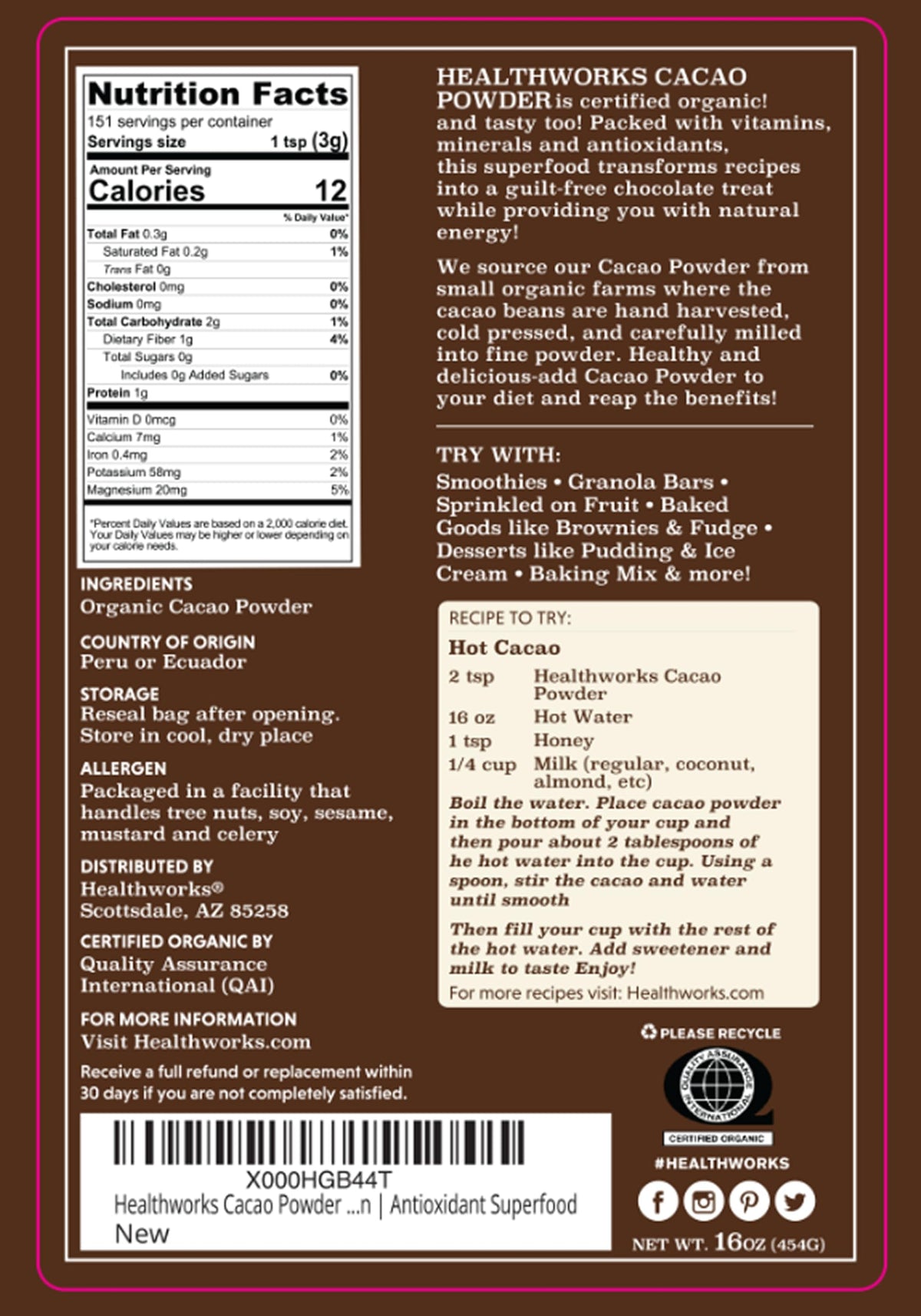 Healthworks cacao powder scoop on surface for smoothies and desserts