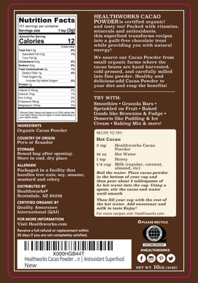 Healthworks cacao powder scoop on surface for smoothies and desserts