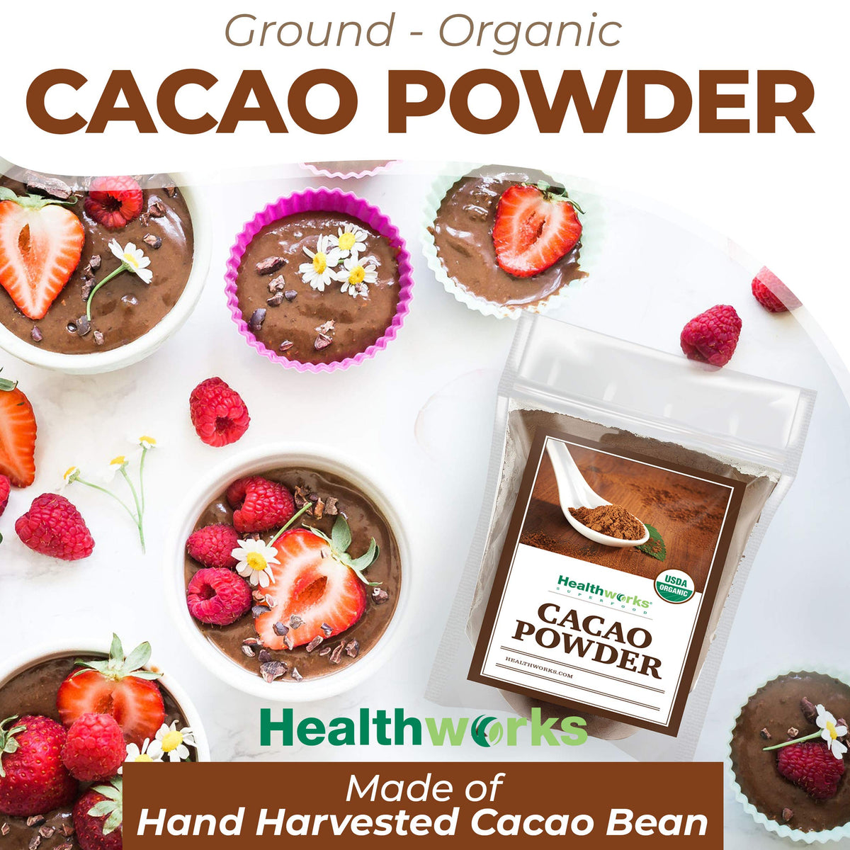 Healthworks cacao powder smoothie tall glass shows velvety chocolate boost.